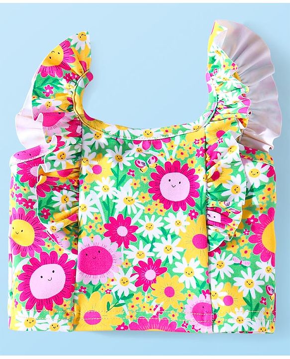 Babyhug Frill Sleeves Water Repellent Two Piece Swimsuit with Floral Print - Multicolor