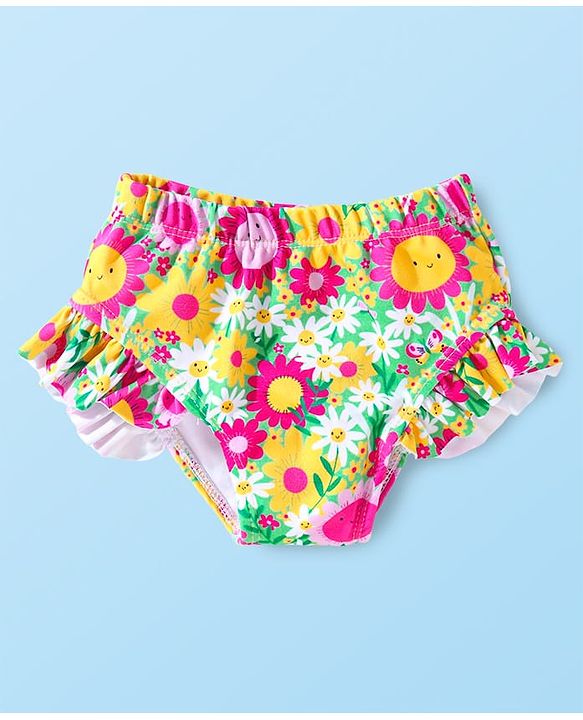 Babyhug Frill Sleeves Water Repellent Two Piece Swimsuit with Floral Print - Multicolor