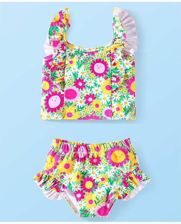 Babyhug Frill Sleeves Water Repellent Two Piece Swimsuit with Floral Print - Multicolor