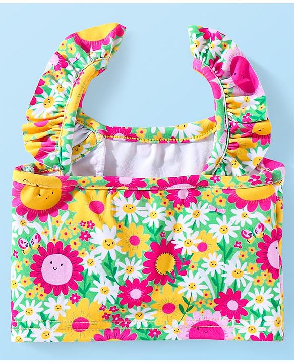 Babyhug Frill Sleeves Water Repellent Two Piece Swimsuit with Floral Print - Multicolor