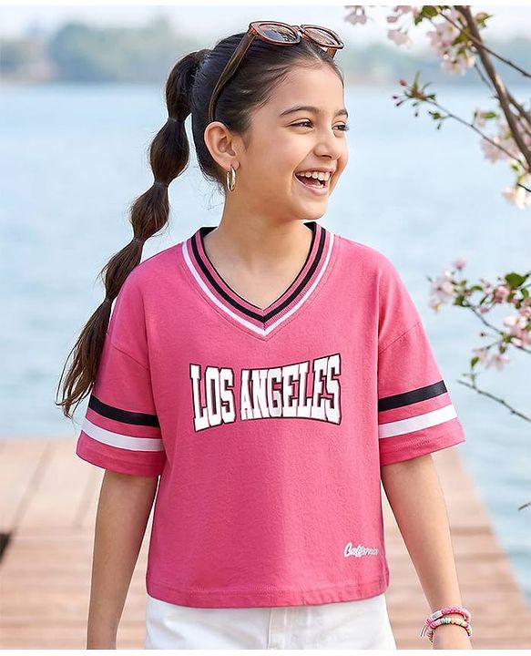 Pine Kids Cotton Knit Half Drop Shoulder Sleeves T-Shirt with Text Print - Dark Pink