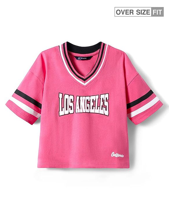 Pine Kids Cotton Knit Half Drop Shoulder Sleeves T-Shirt with Text Print - Dark Pink