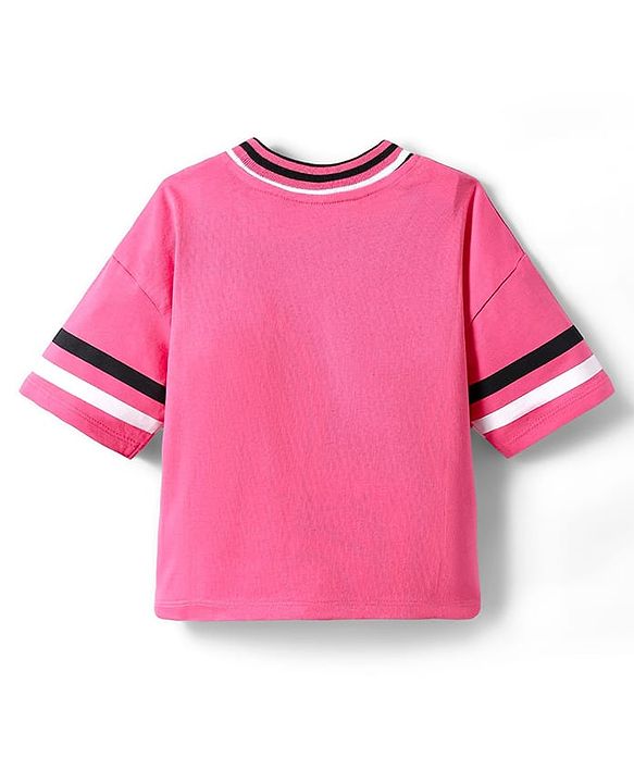 Pine Kids Cotton Knit Half Drop Shoulder Sleeves T-Shirt with Text Print - Dark Pink