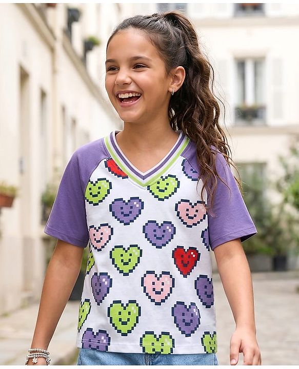 Pine Kids Cotton Knit Half Raglan Sleeves T-Shirt with Heart Print - White & Lilac