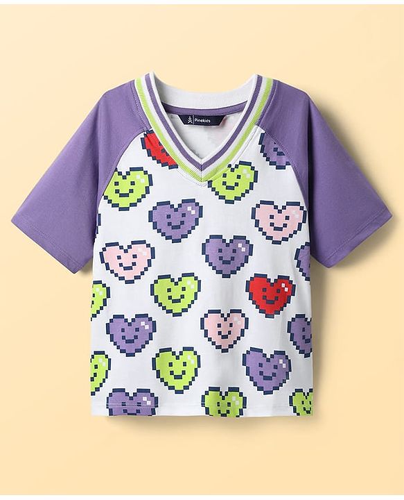 Pine Kids Cotton Knit Half Raglan Sleeves T-Shirt with Heart Print - White & Lilac