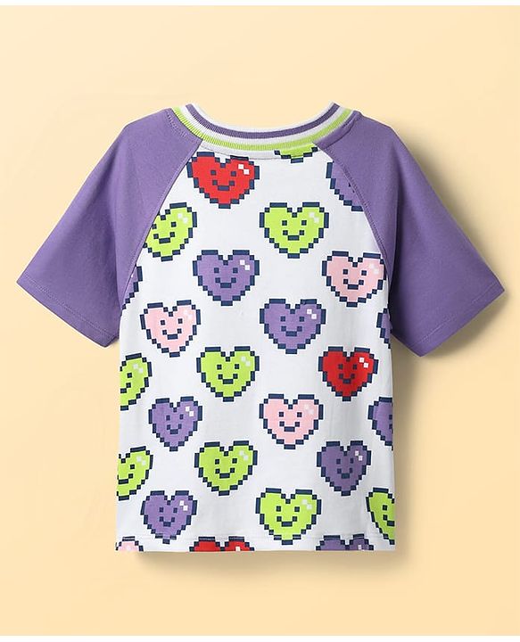 Pine Kids Cotton Knit Half Raglan Sleeves T-Shirt with Heart Print - White & Lilac