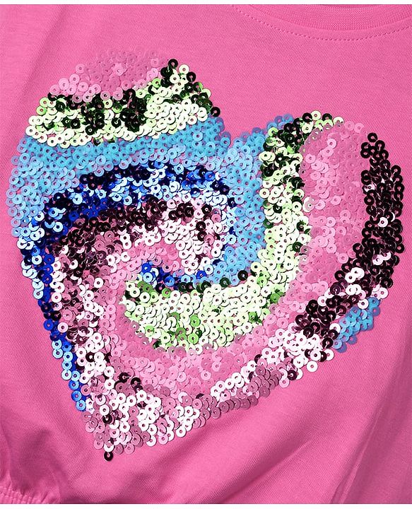 Pine Kids Cotton Knit Half Drop Shoulder Sleeves T-Shirt with Sequin Detailing - Pink