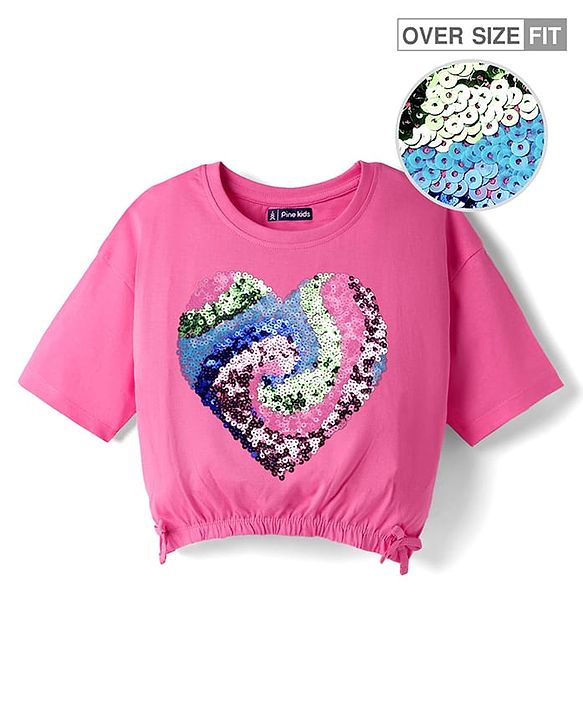 Pine Kids Cotton Knit Half Drop Shoulder Sleeves T-Shirt with Sequin Detailing - Pink