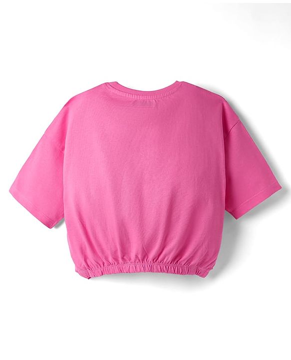 Pine Kids Cotton Knit Half Drop Shoulder Sleeves T-Shirt with Sequin Detailing - Pink