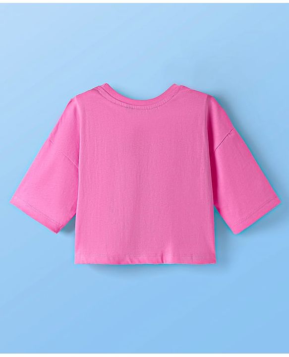 Pine Kids Cotton Knit Half Drop Shoulder Sleeves T-Shirt with Inner Tee & Text Puff Print - Pink