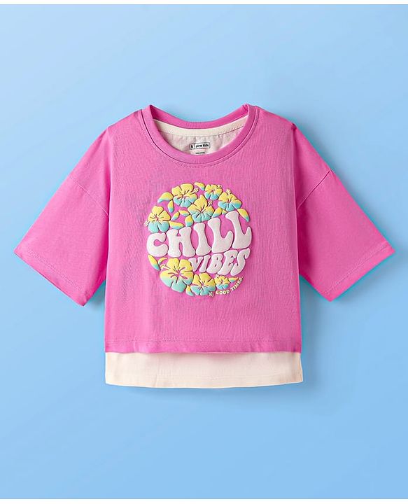 Pine Kids Cotton Knit Half Drop Shoulder Sleeves T-Shirt with Inner Tee & Text Puff Print - Pink