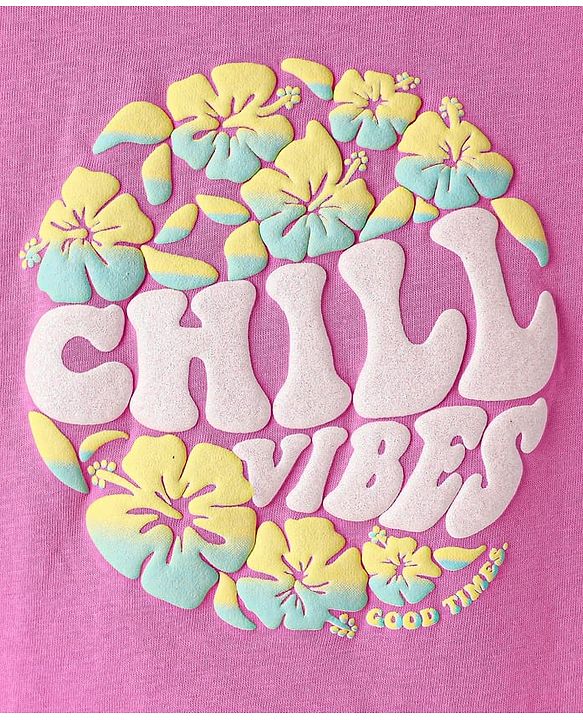 Pine Kids Cotton Knit Half Drop Shoulder Sleeves T-Shirt with Inner Tee & Text Puff Print - Pink
