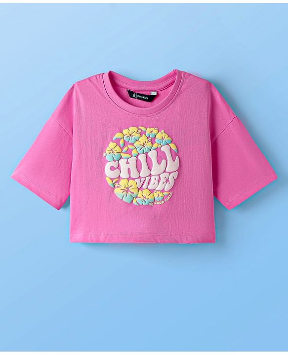Pine Kids Cotton Knit Half Drop Shoulder Sleeves T-Shirt with Inner Tee & Text Puff Print - Pink
