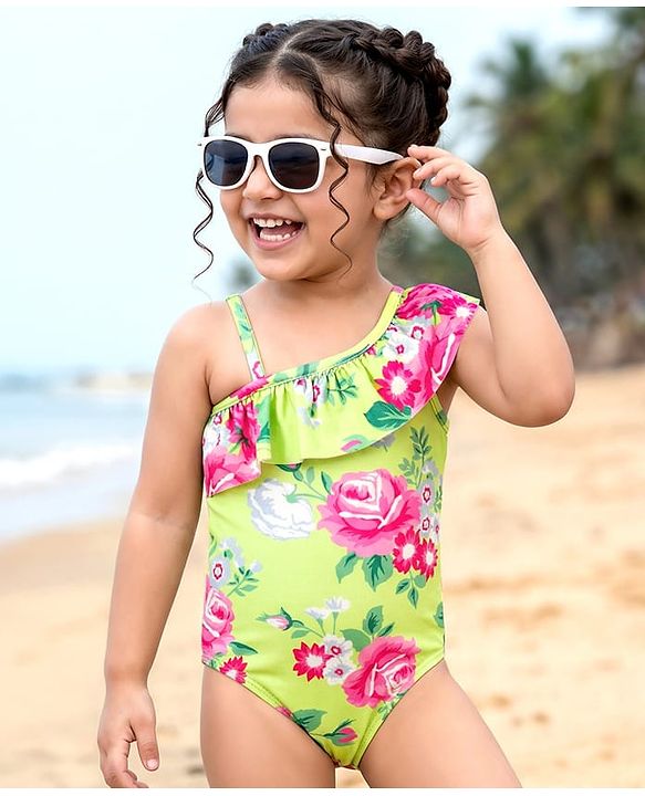 Babyhug Water Repellant Frill Sleeves V Cut Swim Suit With Floral Print - Green