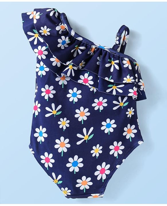Babyhug One Shoulder Frill Sleeves Water Repellent V Cut Swimsuit with Floral Print - Navy Blue