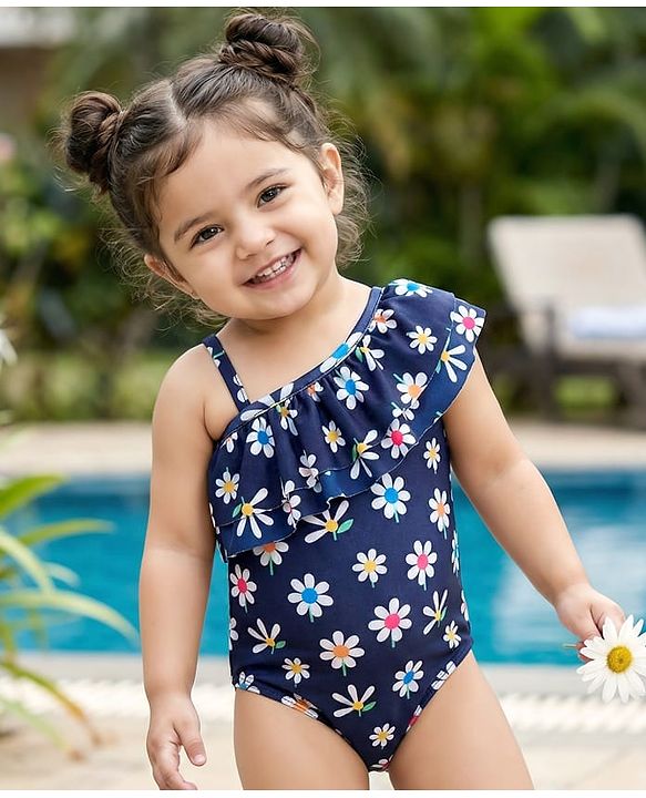 Babyhug One Shoulder Frill Sleeves Water Repellent V Cut Swimsuit with Floral Print - Navy Blue