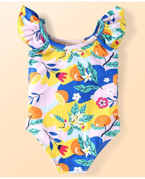 Babyhug Frill Sleeves Water Repellent V Cut Swimsuit with Floral Print - Pink