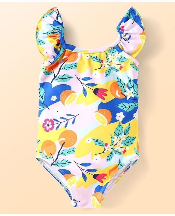 Babyhug Frill Sleeves Water Repellent V Cut Swimsuit with Floral Print - Pink