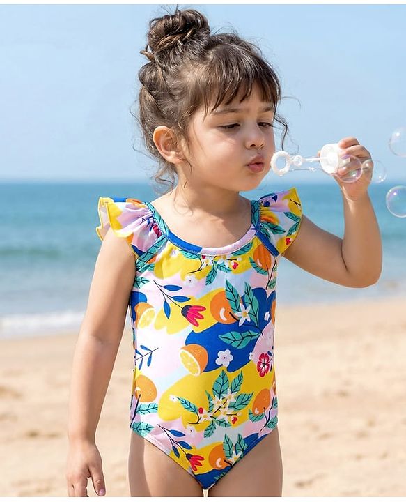 Babyhug Frill Sleeves Water Repellent V Cut Swimsuit with Floral Print - Pink