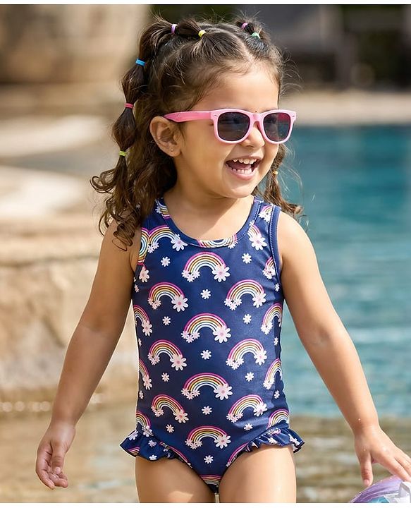 Babyhug Water Repellant Sleeveless V Cut Swim Suit With Rainbow & Floral Print - Navy Blue
