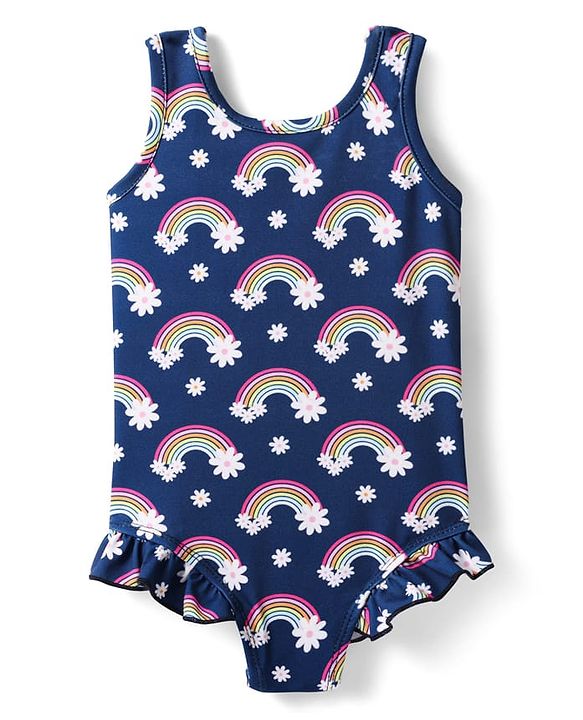 Babyhug Water Repellant Sleeveless V Cut Swim Suit With Rainbow & Floral Print - Navy Blue