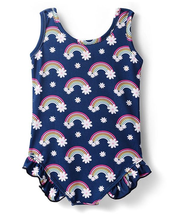 Babyhug Water Repellant Sleeveless V Cut Swim Suit With Rainbow & Floral Print - Navy Blue