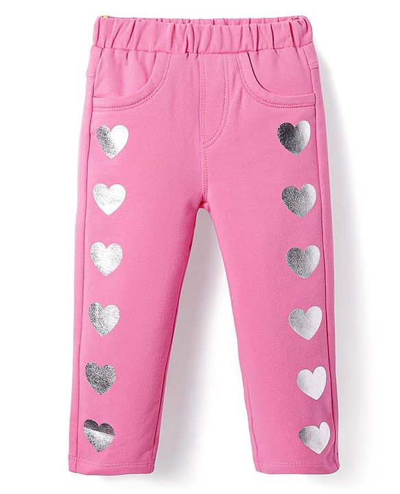 Babyhug Cotton Lycra Knit Full Length Jeggings with Hearts Foil Print - Pink