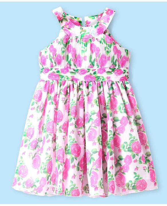Babyhug Rayon Woven Sleeveless Frock With Floral Print - White & Pink