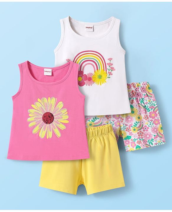 Babyhug 100% Cotton Single Jersey Knit Sleeveless Tank Top & Shorts Set With Floral Print Pack Of 2 - Yellow & Pink