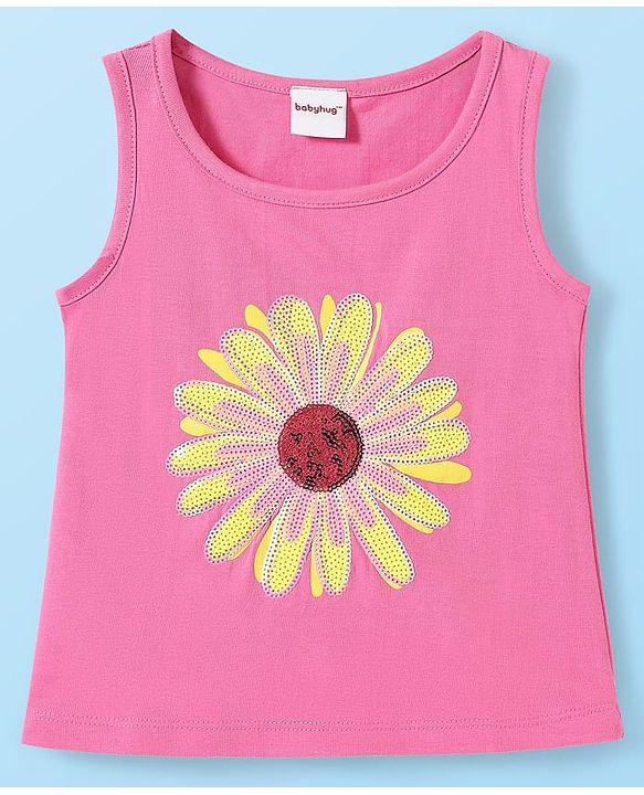 Babyhug 100% Cotton Single Jersey Knit Sleeveless Tank Top & Shorts Set With Floral Print Pack Of 2 - Yellow & Pink
