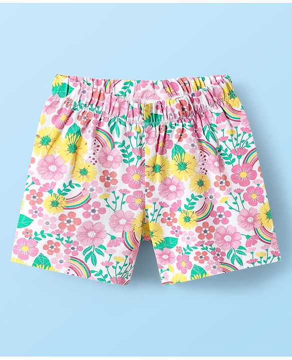 Babyhug 100% Cotton Single Jersey Knit Sleeveless Tank Top & Shorts Set With Floral Print Pack Of 2 - Yellow & Pink