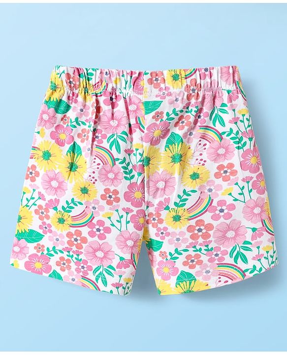 Babyhug 100% Cotton Single Jersey Knit Sleeveless Tank Top & Shorts Set With Floral Print Pack Of 2 - Yellow & Pink