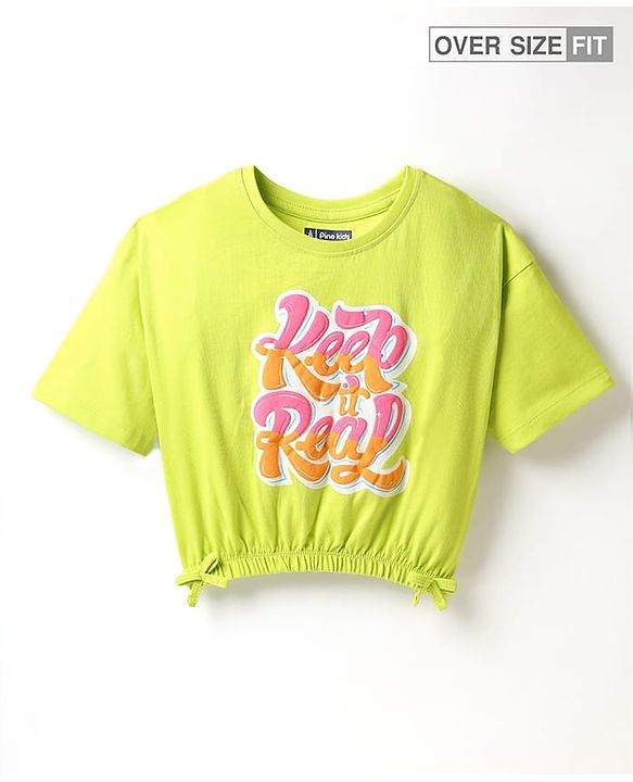 Pine Kids Cotton Knit Half Sleeves T-Shirt with Text Puff Print - Limegreen