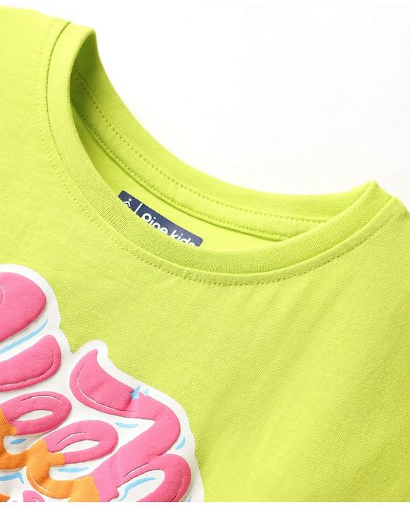 Pine Kids Cotton Knit Half Sleeves T-Shirt with Text Puff Print - Limegreen