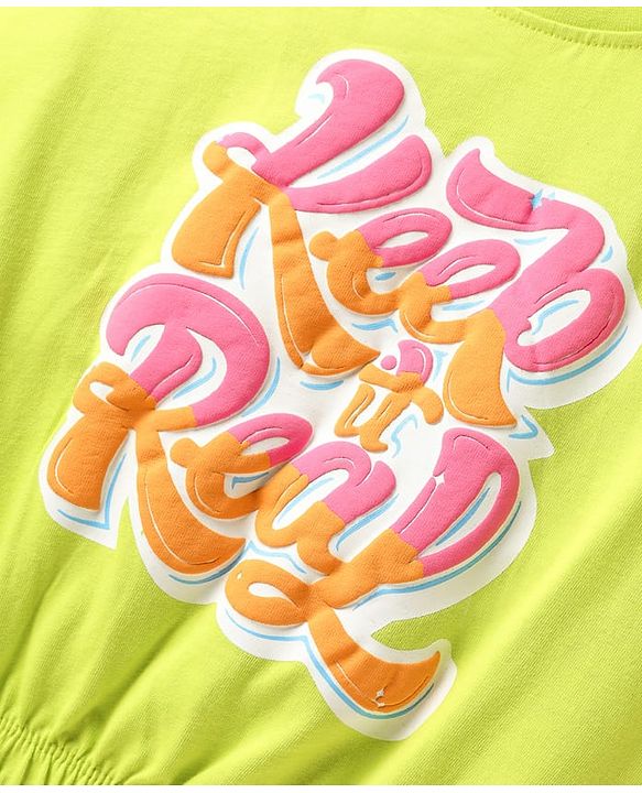 Pine Kids Cotton Knit Half Sleeves T-Shirt with Text Puff Print - Limegreen