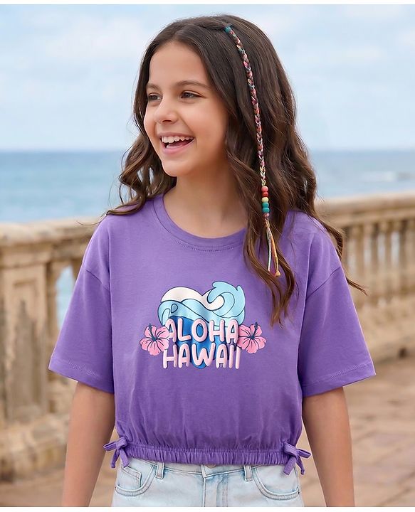 Pine Kids Cotton Knit Half Drop Shoulder Sleeves T-Shirt with Beach Theme Print & Knot Detailing - Purple