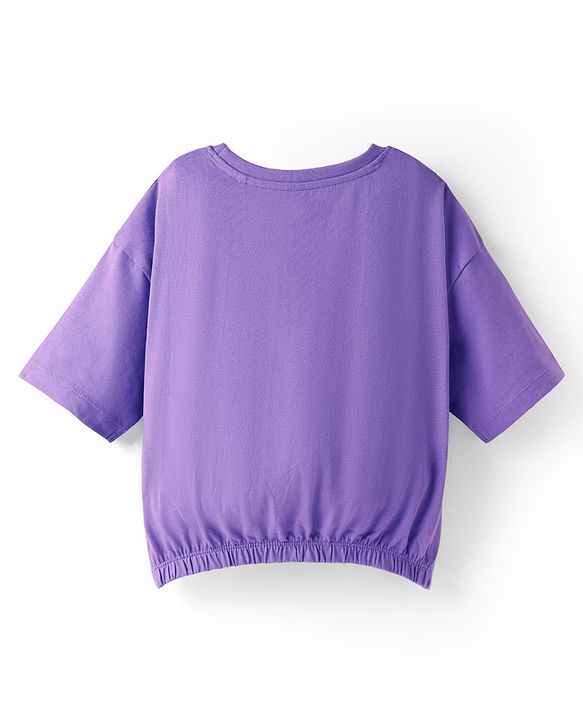 Pine Kids Cotton Knit Half Drop Shoulder Sleeves T-Shirt with Beach Theme Print & Knot Detailing - Purple