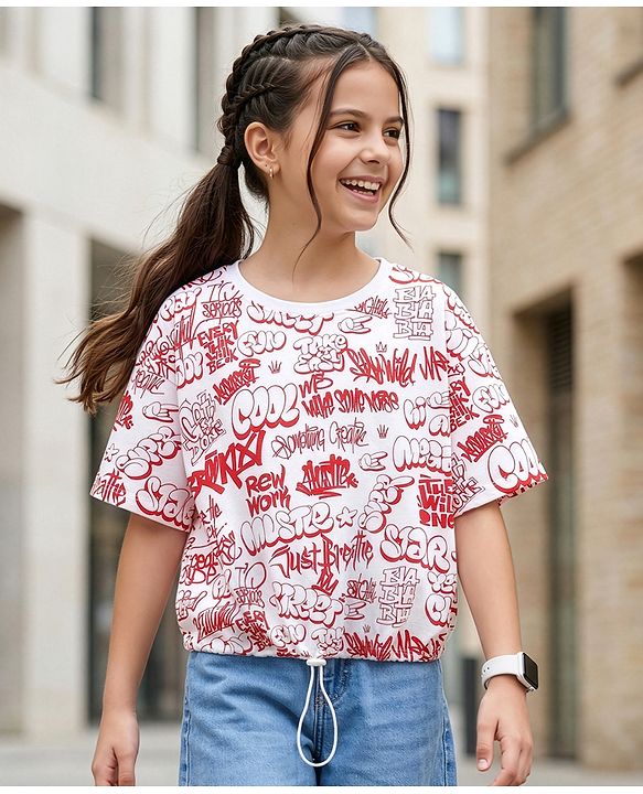 Pine Kids Cotton Knit Half Drop Shoulder Sleeves T-Shirt with Text Print - White