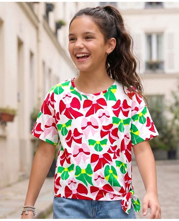 Pine Kids Cotton Knit Half Sleeves Drop Shoulder T-Shirt with Bow Print - White