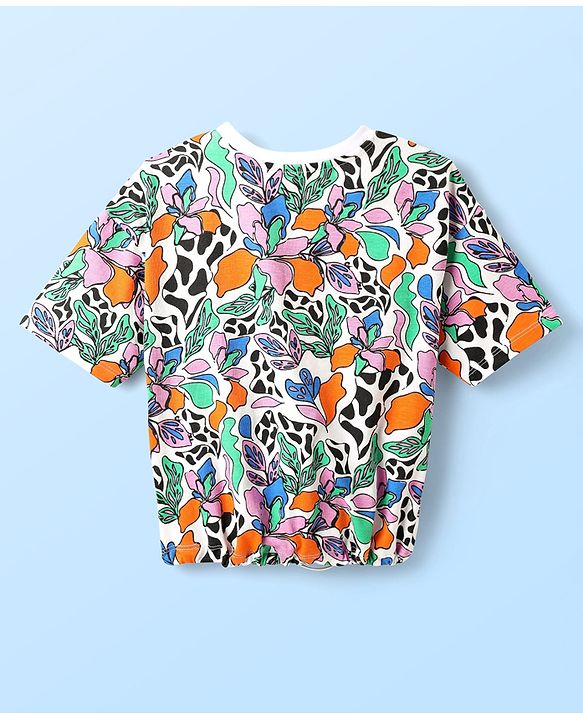 Pine Kids Cotton Knit Half Sleeves Shoulder Drop T-Shirt With Floral Print - White