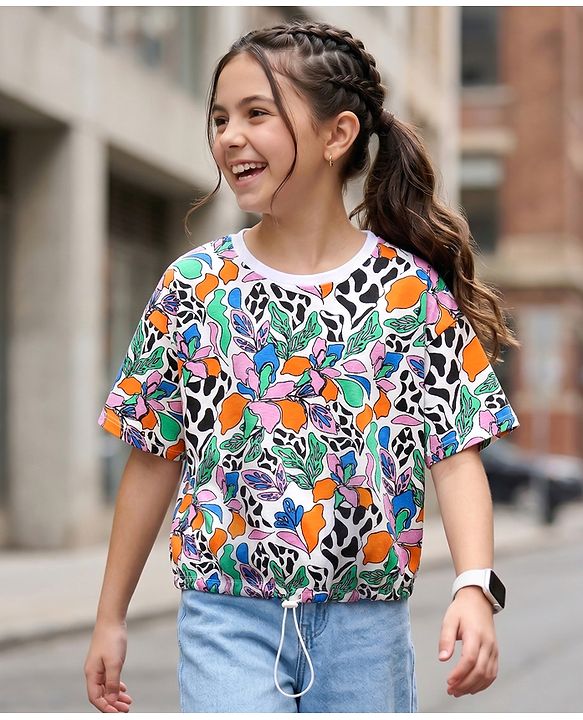 Pine Kids Cotton Knit Half Sleeves Shoulder Drop T-Shirt With Floral Print - White