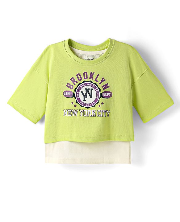 Pine Kids Cotton Knit Half Drop Shoulder Sleeves T-Shirt with Inner Tee & Text Puff Print - Limegreen