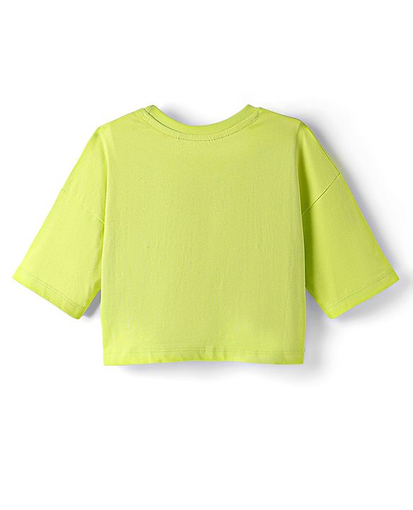 Pine Kids Cotton Knit Half Drop Shoulder Sleeves T-Shirt with Inner Tee & Text Puff Print - Limegreen