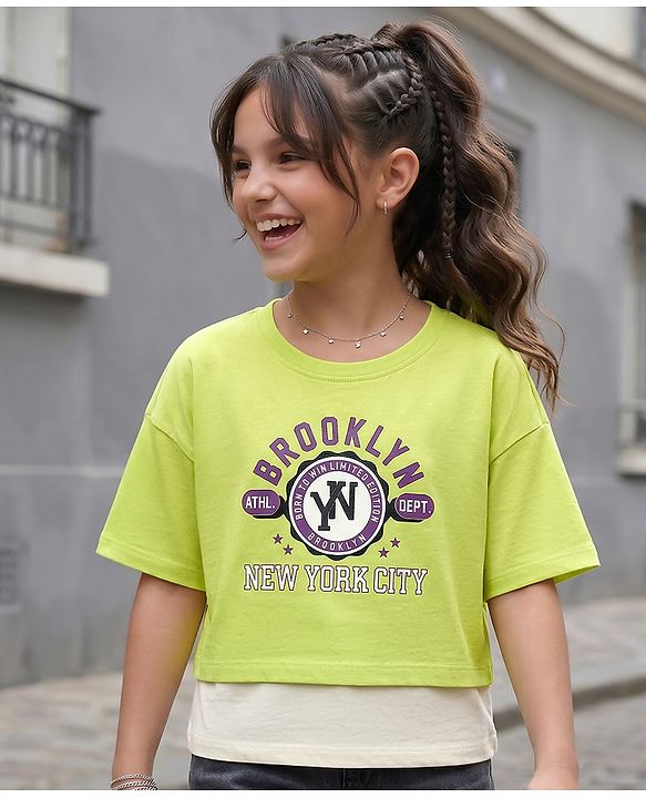 Pine Kids Cotton Knit Half Drop Shoulder Sleeves T-Shirt with Inner Tee & Text Puff Print - Limegreen