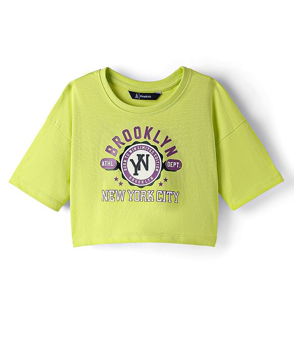 Pine Kids Cotton Knit Half Drop Shoulder Sleeves T-Shirt with Inner Tee & Text Puff Print - Limegreen