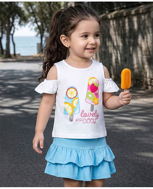Babyhug Single Jersey Knit Cold Shoulder Ice Cream Print Top & Frilled Skirt with Bow Applique - Light Blue & White