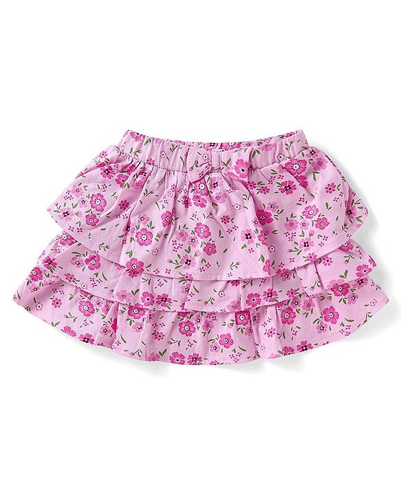 Babyhug Single Jersey Knit Frill Sleeves Top & Skirt Set with Floral Print - Dark Pink