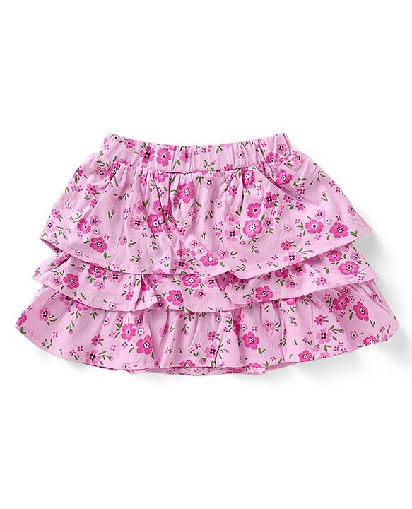 Babyhug Single Jersey Knit Frill Sleeves Top & Skirt Set with Floral Print - Dark Pink