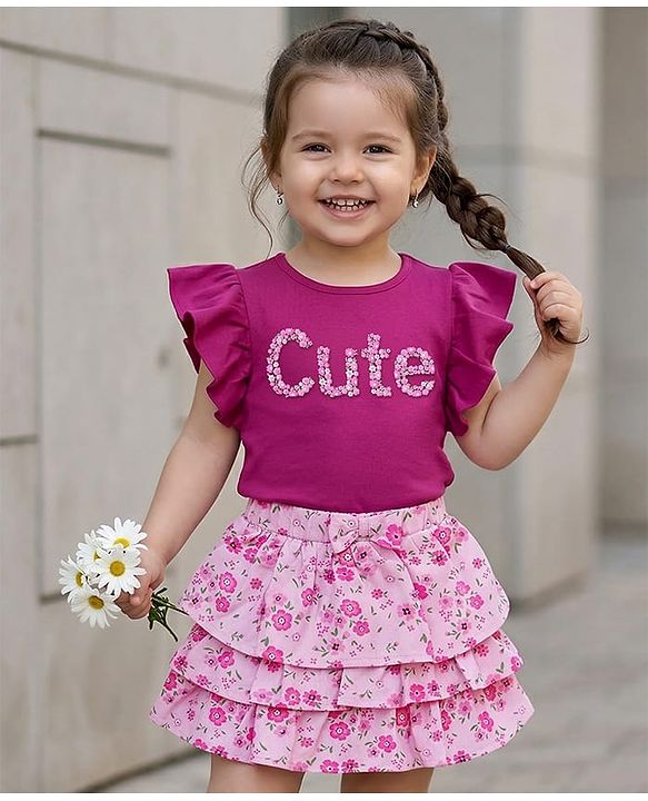 Babyhug Single Jersey Knit Frill Sleeves Top & Skirt Set with Floral Print - Dark Pink
