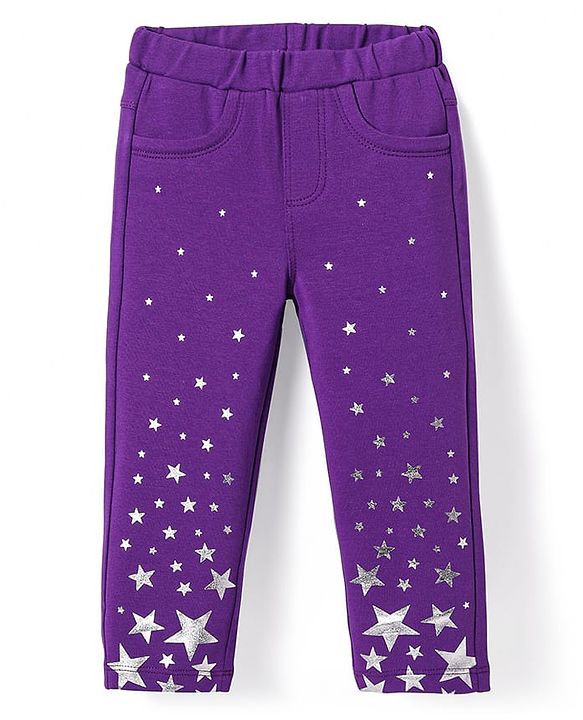 Babyhug Cotton Lycra Knit Full Length Jeggings with Star Foil Print - Purple